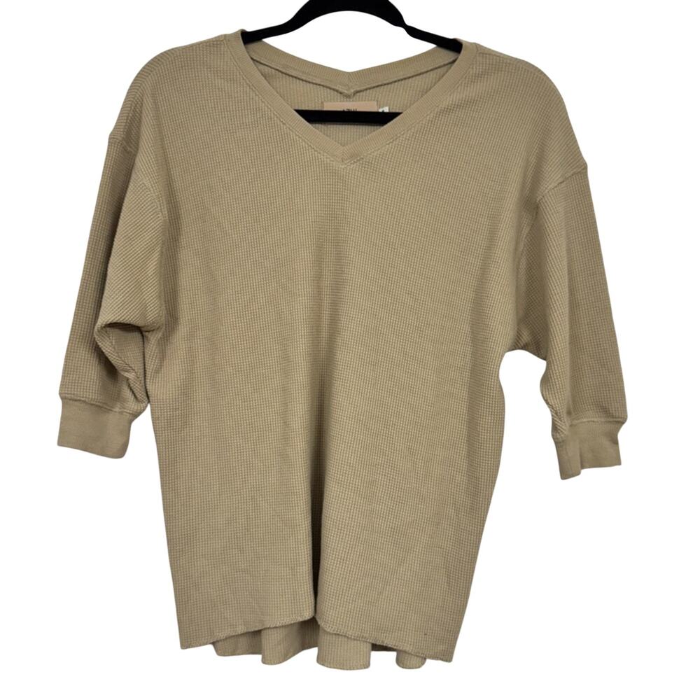 Moussy Azul Tan Waffle Knit Short Sleeve Sweater Womens S Quiet Luxury Capsule